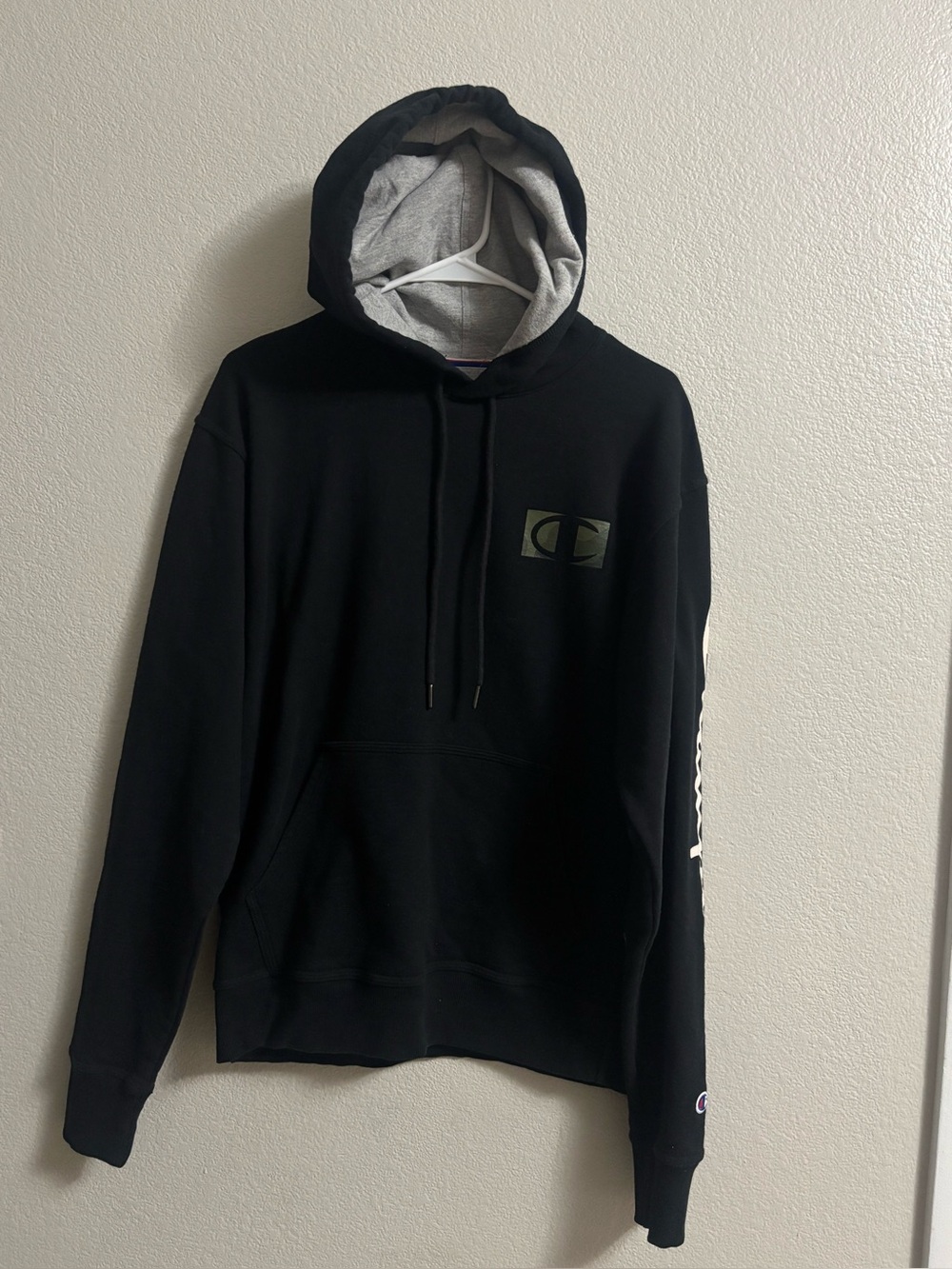 Champion Black Hoodie with Gray Hood Lining and Sleeve Logo